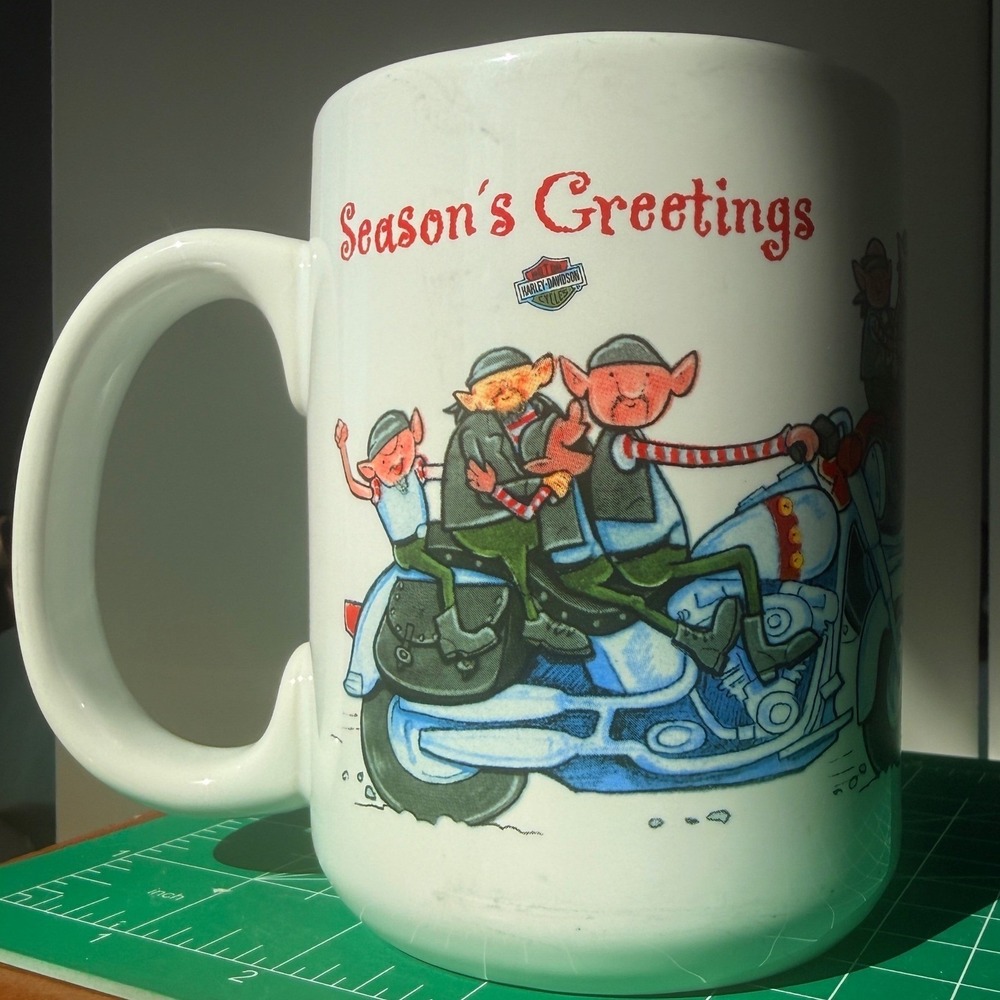 Harley Davidson 2002 Christmas Mug Season Greetings Happy Holidays Elves Biker